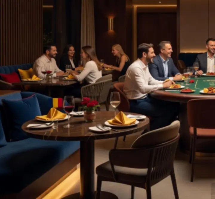 Modern étterem enteriőr elegáns pókerasztallal és meleg esti fényekben társalgó vendégekkel.