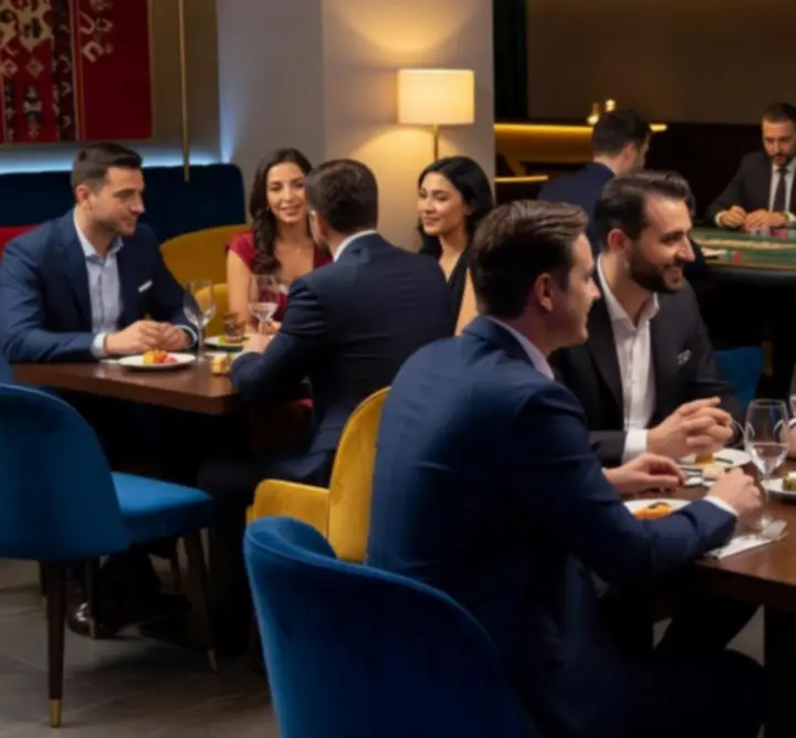Prémium lounge modern enteriőrrel, társalgó vendégekkel és a magyar trikolór színeinek finom akcentusaival.